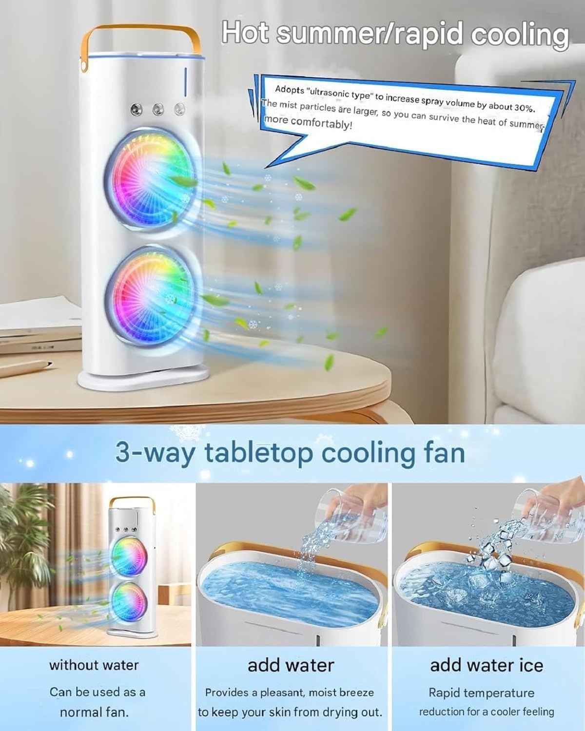 Mini Air Cooler, Double-Ended Spray Cooling with Mist Humidifier Usb Mini Table Cooling for Office Travel Cooler Fan Versatile with Adjustable