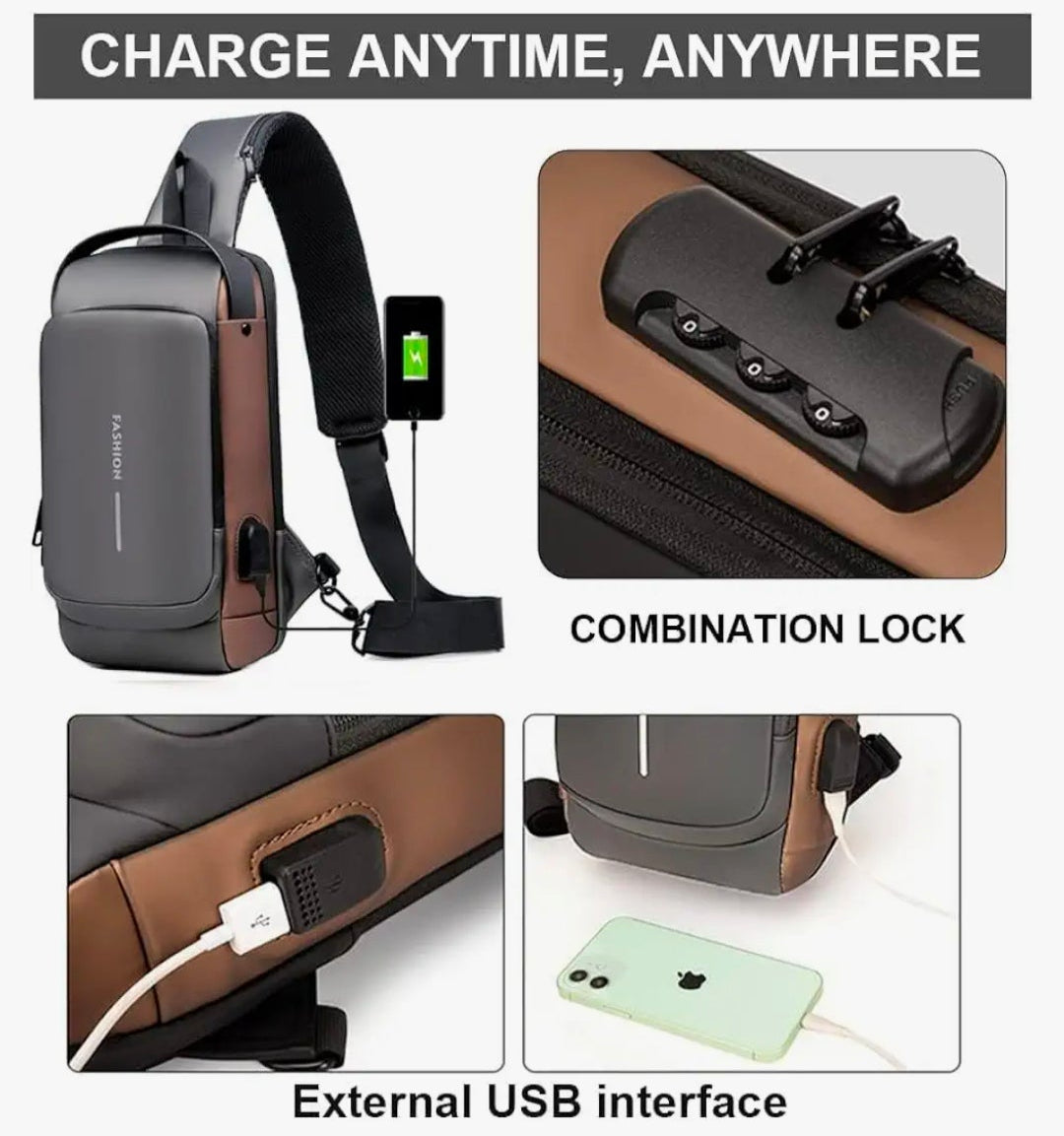 Sling Bag Small 6L Leptop Backpack Anti -Thief Water Resistant Cross Bag with USB Charging Port Bag