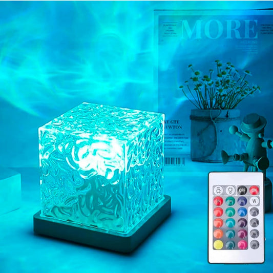 Water  Wave Projector Lamp 3D Water Wave Effect Romantic LED Night Light Remote Control USB Rechargeable Crystal Table Lamp for Home Decor, Bedroom & Gift, Multicolor Light (Cube Shape)