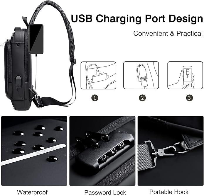 Sling Bag Small 6L Leptop Backpack Anti -Thief Water Resistant Cross Bag with USB Charging Port Bag
